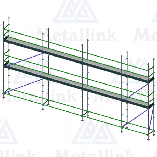 Setup diagram of a two-storey 11m-long scaffold for sale, made of premium ringlock scaffolding.