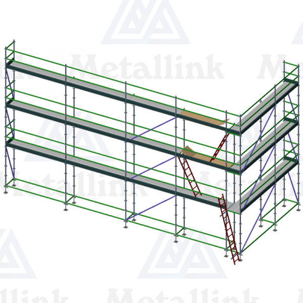 Setup/layout diagram of a three-storey 16m corner ringlock scaffold for sale.
