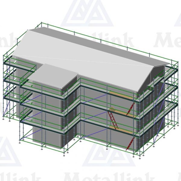 Layout diagram of a three-storey scaffold for sale, 54m long.