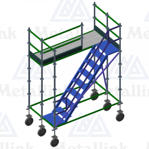 Diagram of a modular ringlock scaffolding mobile platform with staircase.